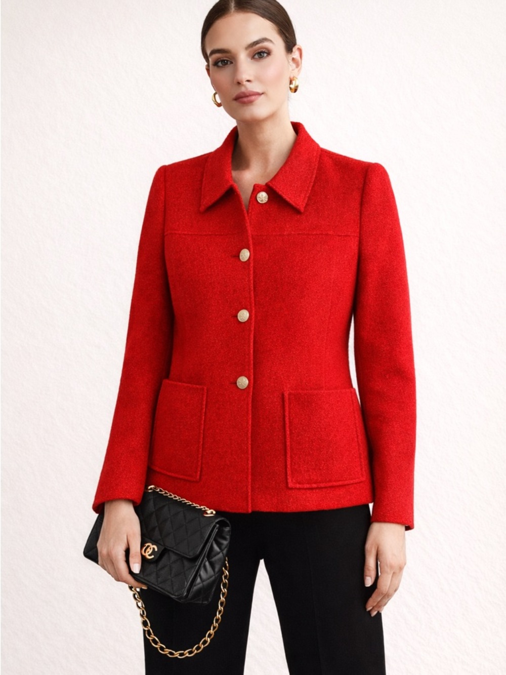 Lands End Women Red 100% Wool Button Front Blazer Jacket Two Pockets Size L